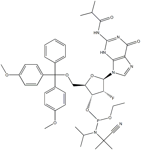 5'-O-[bis(4-metoksyfenyl)fenylmetyl]-2'-deoksy-2'-fluor-N-(2-metyl-1-oksopropyl)guanosin 3'-[2-cyanoetyl N,N-bis( 1-metyletyl)fosforamiditt]